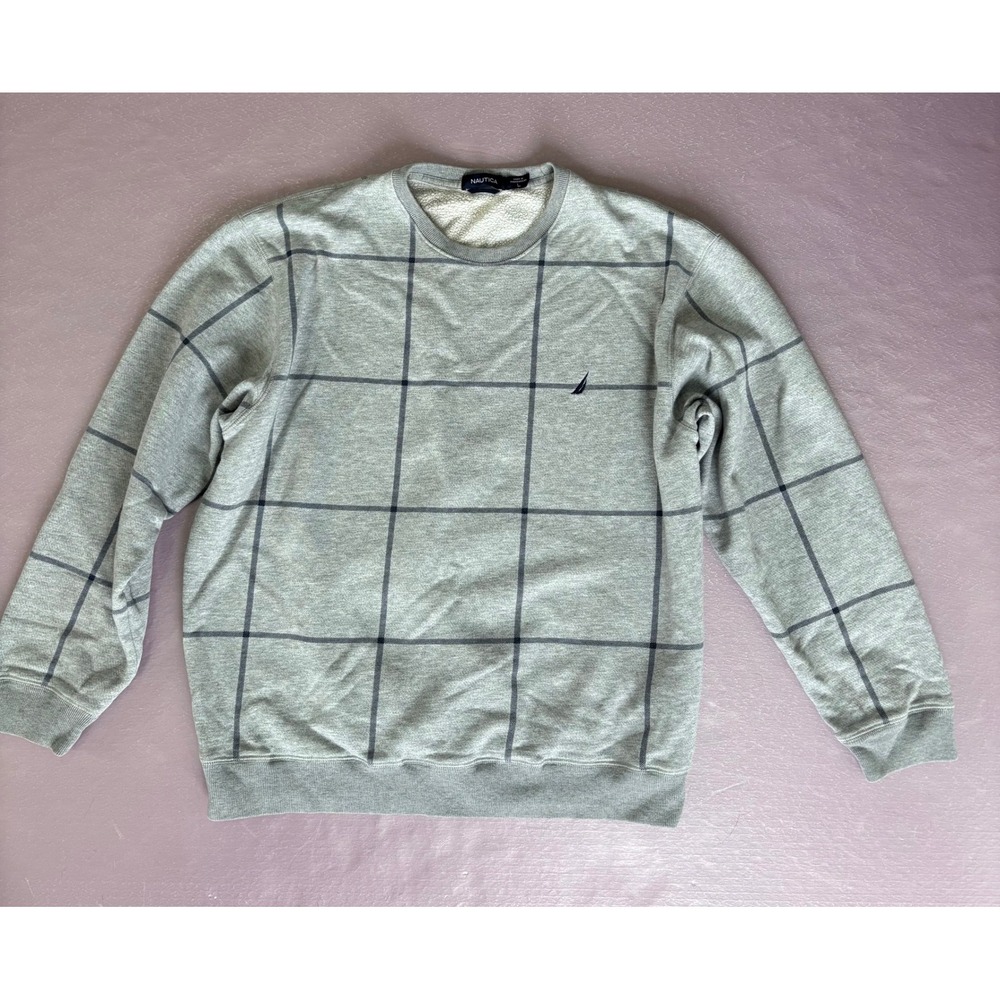 Vintage 90s Nautica Fleece Lined Sweatshirt Window Pane design Warm Comfy Gray L